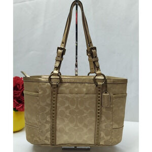 Coach Signature Light Tan Canvas Leather Trim Studded Doubled Handles Tote Bag
